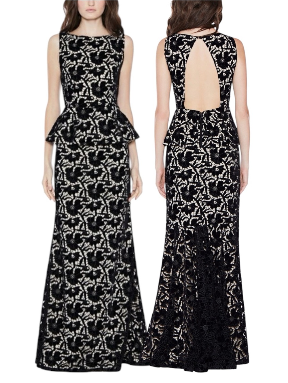 Alice + Olivia Jae Black Lace Peplum Open Back Gown Black Cream Lace Sz. 10